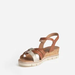 Sandale compensée CAPRICE camel et doré cuir
