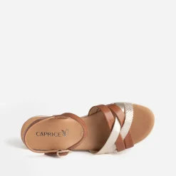 Sandale compensée CAPRICE camel et doré cuir