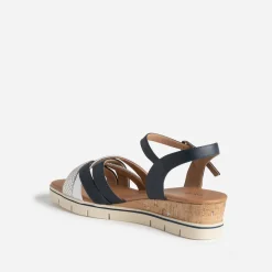 Sandale compensée CAPRICE marine et argenté en cuir