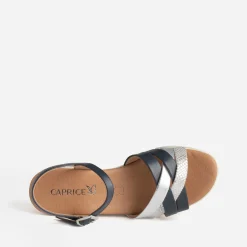 Sandale compensée CAPRICE marine et argenté en cuir
