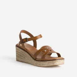 Sandale compensée cognac cuir