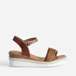 Sandale compensée cognac cuir et tressage