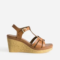 Sandale compensée cognac en cuir