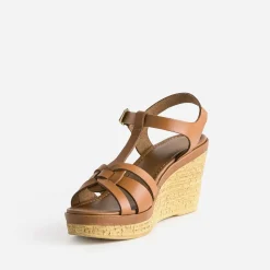 Sandale compensée cognac en cuir