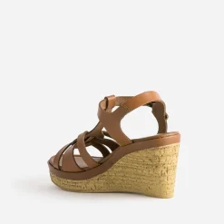 Sandale compensée cognac en cuir