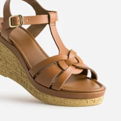 Sandale compensée cognac en cuir
