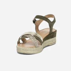 Sandale compensée kaki en cuir velours