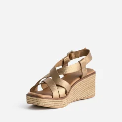 Sandale compensée marron cuir métallisé