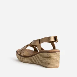 Sandale compensée marron cuir métallisé