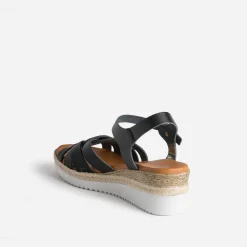 Sandale compensée noire éco-conçue en cuir