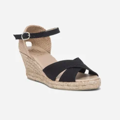 Sandale compensée noire en toile de coton et chanvre