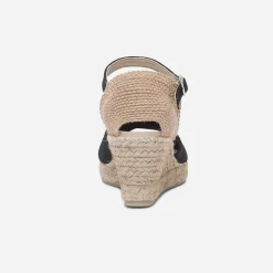 Sandale compensée noire en toile de coton et chanvre