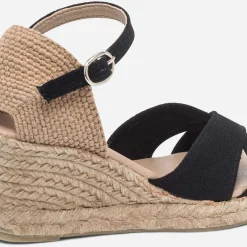 Sandale compensée noire en toile de coton et chanvre