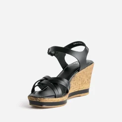 Sandale compensée noire en cuir