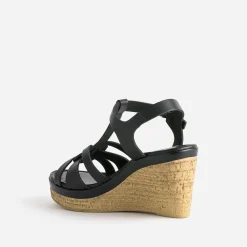 Sandale compensée noire en cuir