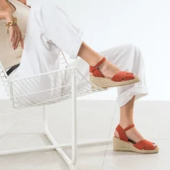 Sandale compensée orange cuir velours