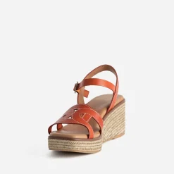 Sandale compensée orange foncé cuir