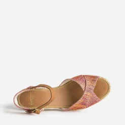 Sandale compensée prune, corail, écru en toile tressée
