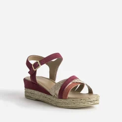 Sandale compensée prune en cuir velours