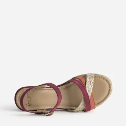 Sandale compensée prune en cuir velours