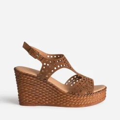 Sandale compensée TEXTO camel cuir velours