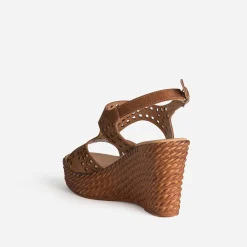 Sandale compensée TEXTO camel cuir velours