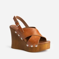 Sandale compensée TEXTO cognac cuir