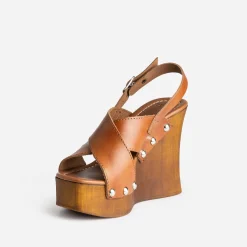 Sandale compensée TEXTO cognac cuir