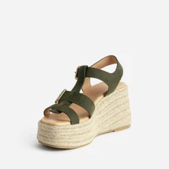 Sandale compensée TEXTO kaki suédée