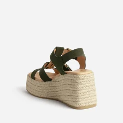 Sandale compensée TEXTO kaki suédée
