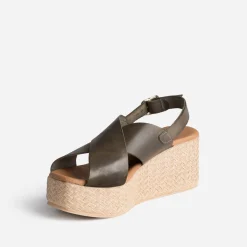 Sandale compensée TEXTO kaki en cuir