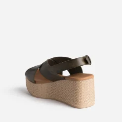 Sandale compensée TEXTO kaki en cuir