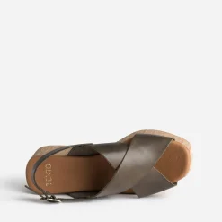 Sandale compensée TEXTO kaki en cuir