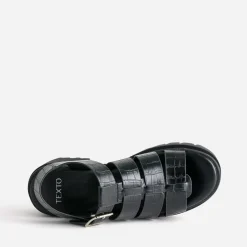 Sandale crantée TEXTO noire à brides embossées effet croco