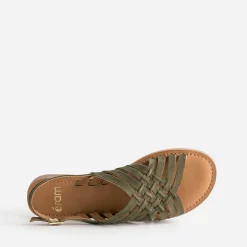 Sandale kaki en cuir velours tressé