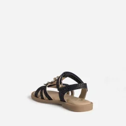 Sandale marine cuir velours fleurs dorées