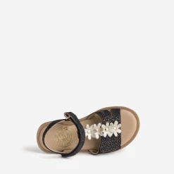 Sandale marine cuir velours fleurs dorées