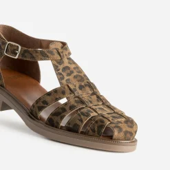 Sandale marron cuir velours effet léopard