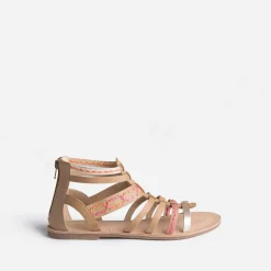 Sandale spartiate BUGGY beige en cuir broderies raphia