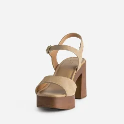 Sandale TEXTO beige cuir velours plateforme