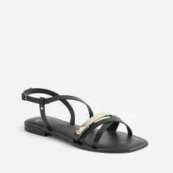 Sandale TEXTO noire en cuir barrette dorée