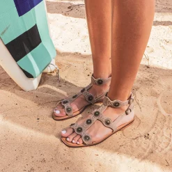 Sandale TEXTO taupe cuir velours décor soleils