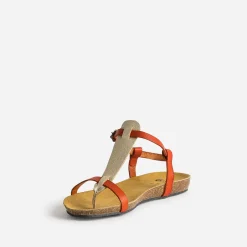 Sandale-tong anatomique rouge et doré en cuir