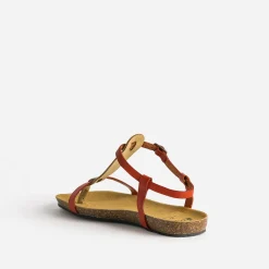 Sandale-tong anatomique rouge et doré en cuir