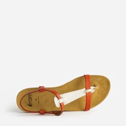 Sandale-tong anatomique rouge et doré en cuir