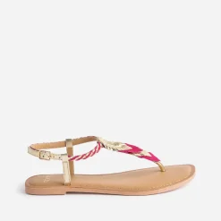 Sandale-tong TEXTO fuchsia et or en cuir à plumes