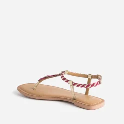 Sandale-tong TEXTO fuchsia et or en cuir à plumes