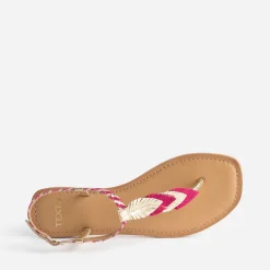 Sandale-tong TEXTO fuchsia et or en cuir à plumes