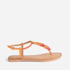 Sandale-tong TEXTO orange en cuir à plumes