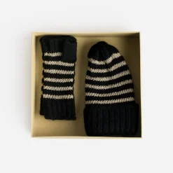 Set bonnet et mitaines noirs tricot rayé doré